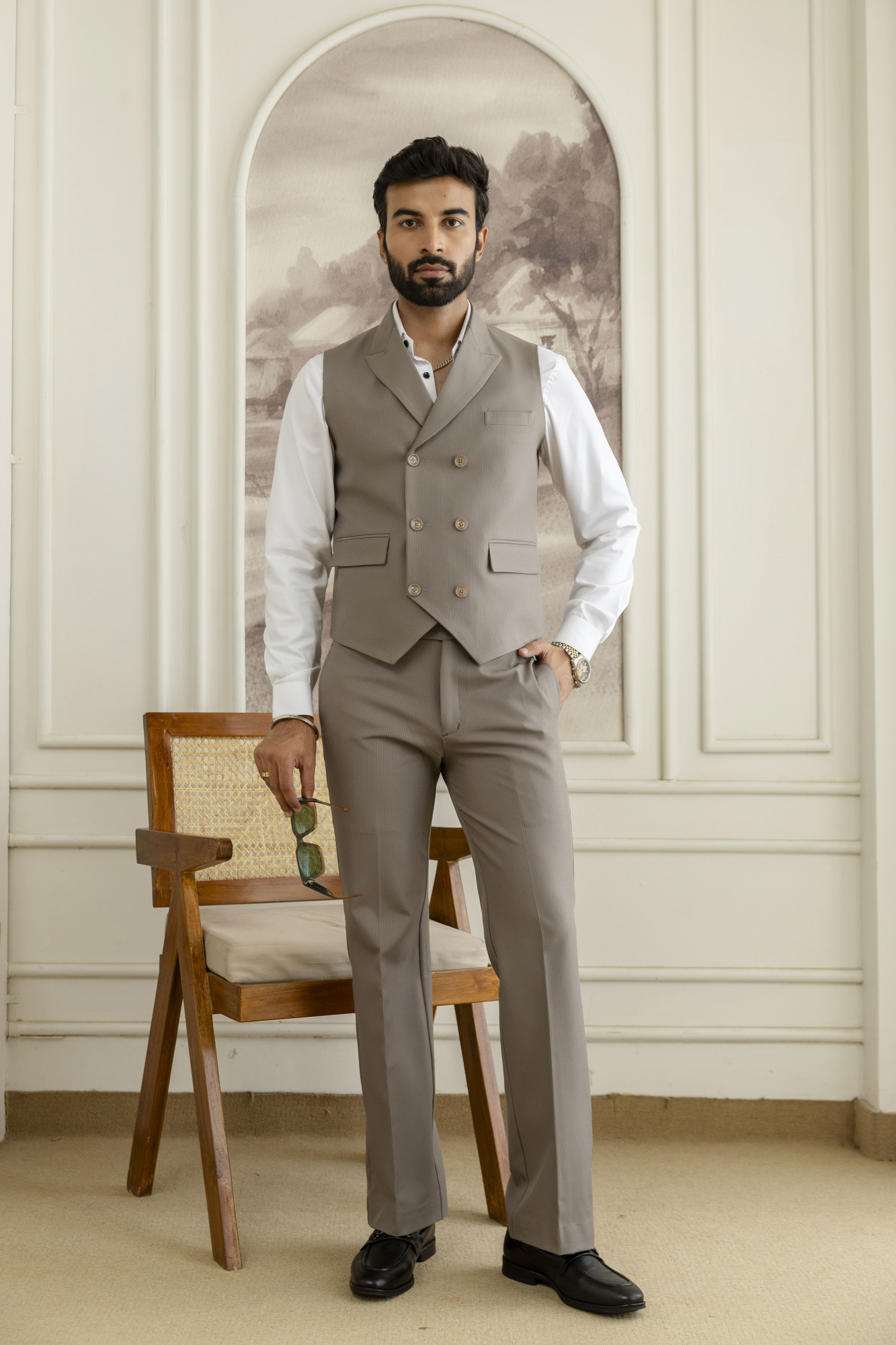 Striped Double Breasted Waistcoat In Dark Beige