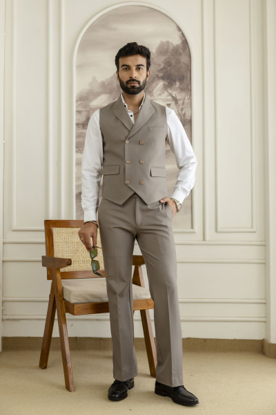 Striped Double Breasted Waistcoat In Dark Beige