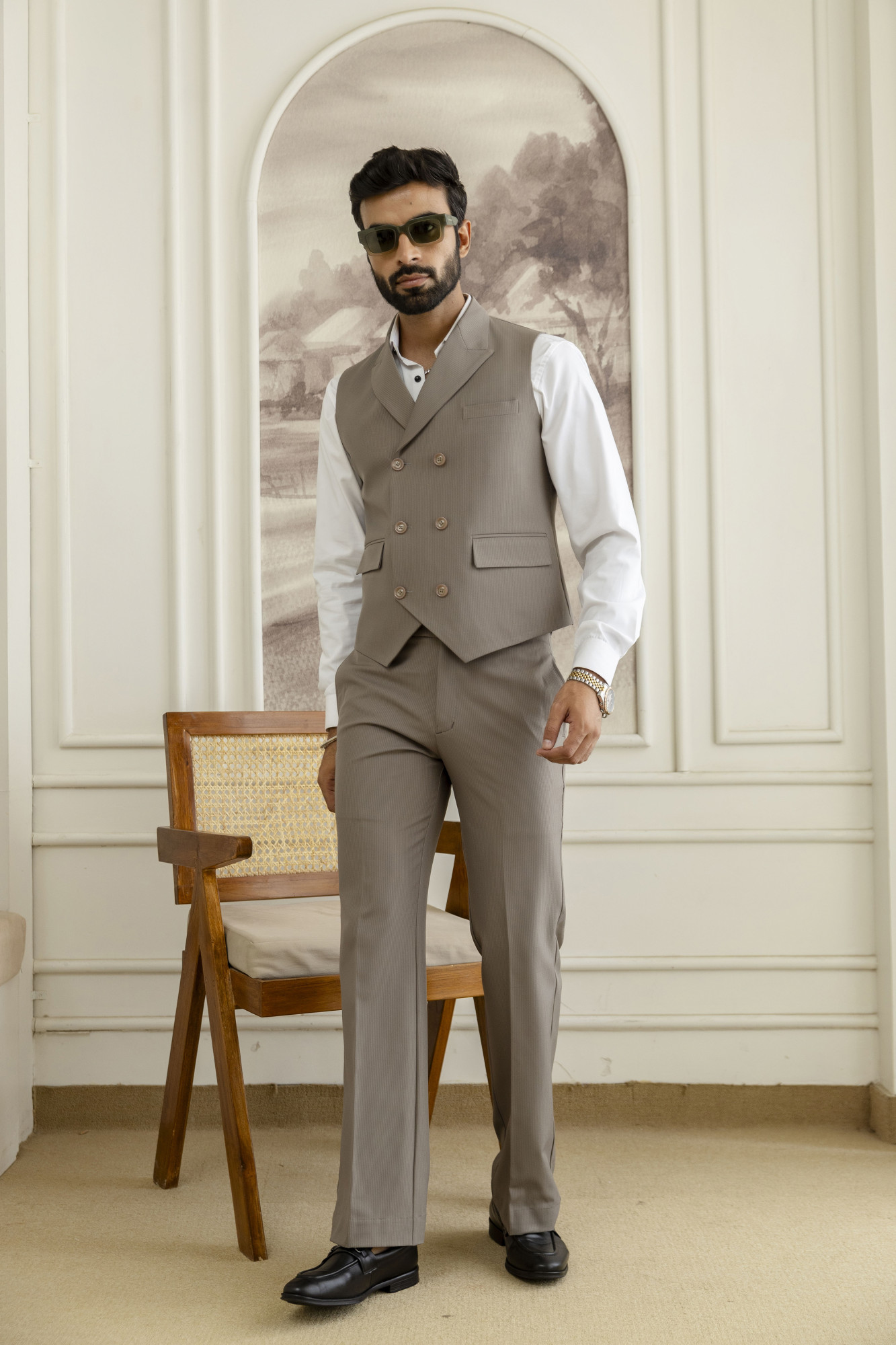 Striped Double Breasted Waistcoat In Dark Beige
