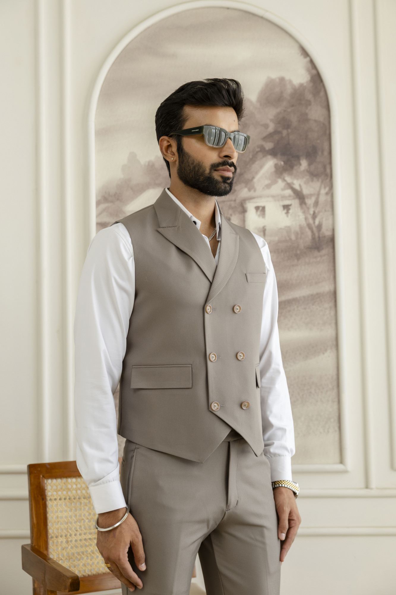 Striped Double Breasted Waistcoat In Dark Beige