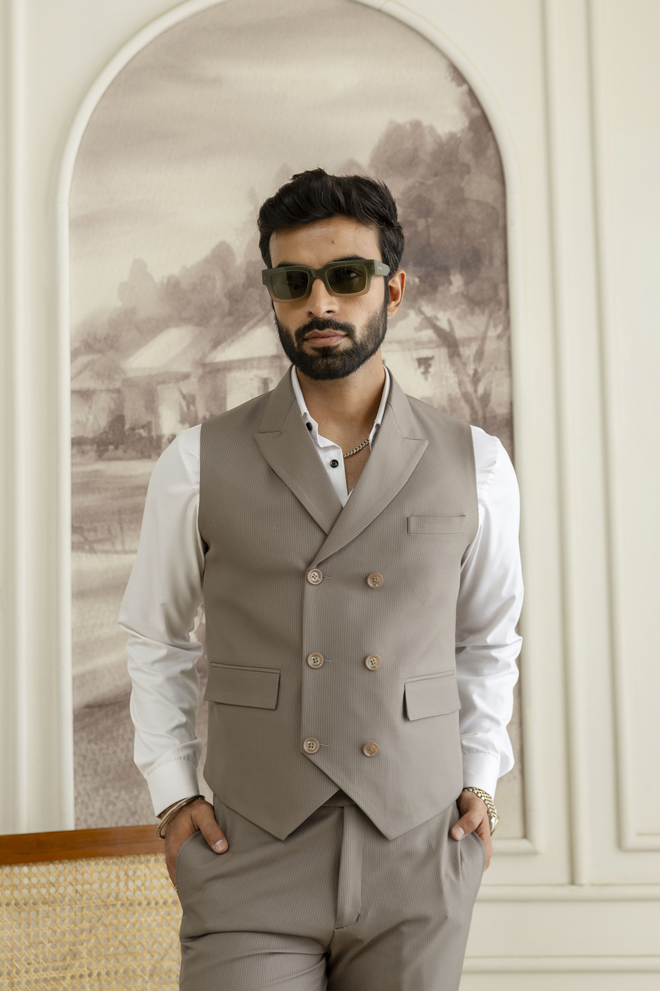 Striped Double Breasted Waistcoat In Dark Beige