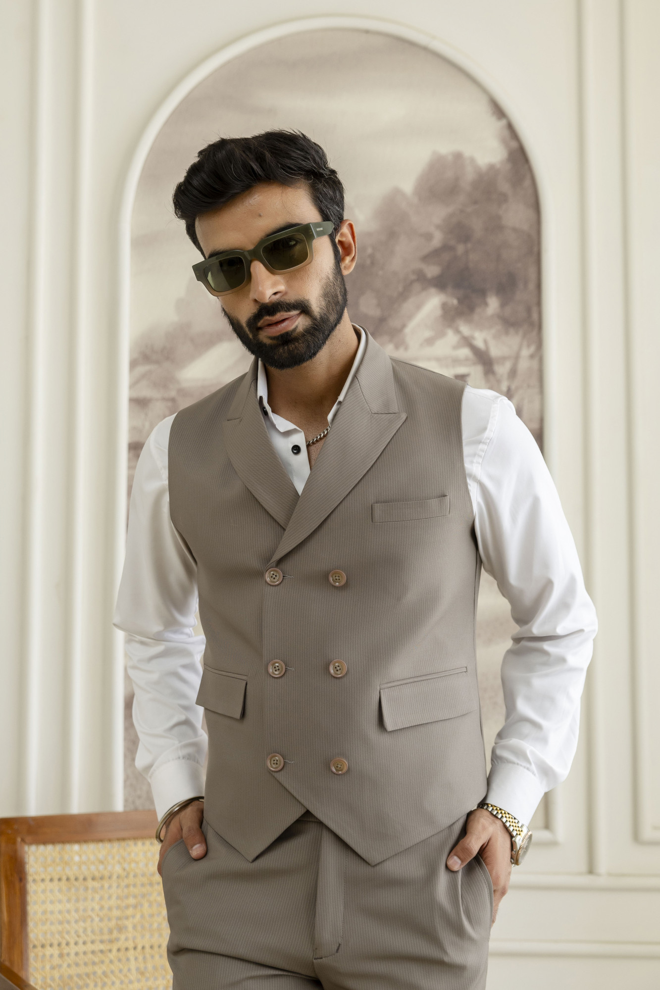 Striped Double Breasted Waistcoat In Dark Beige