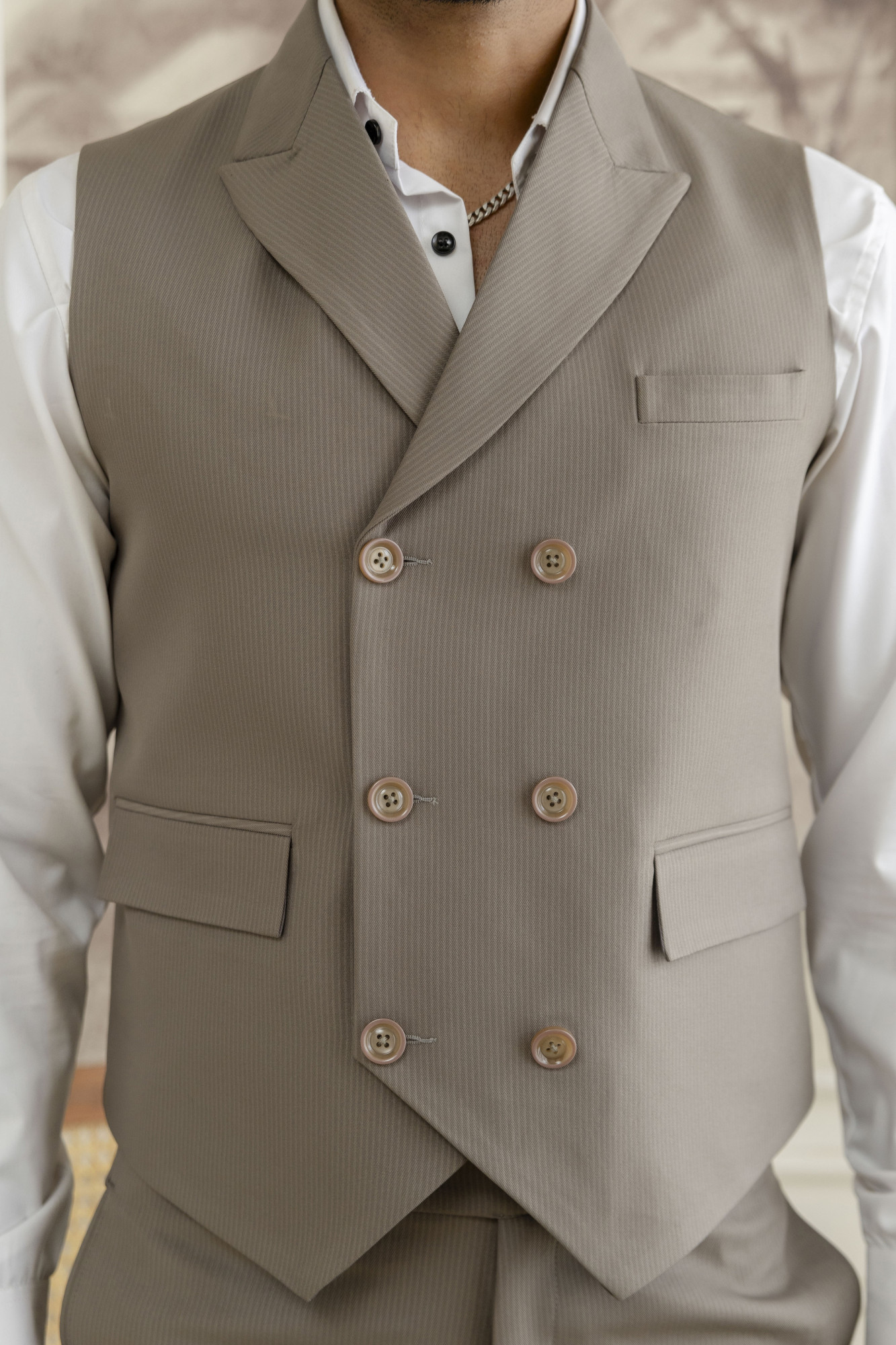 Striped Double Breasted Waistcoat In Dark Beige