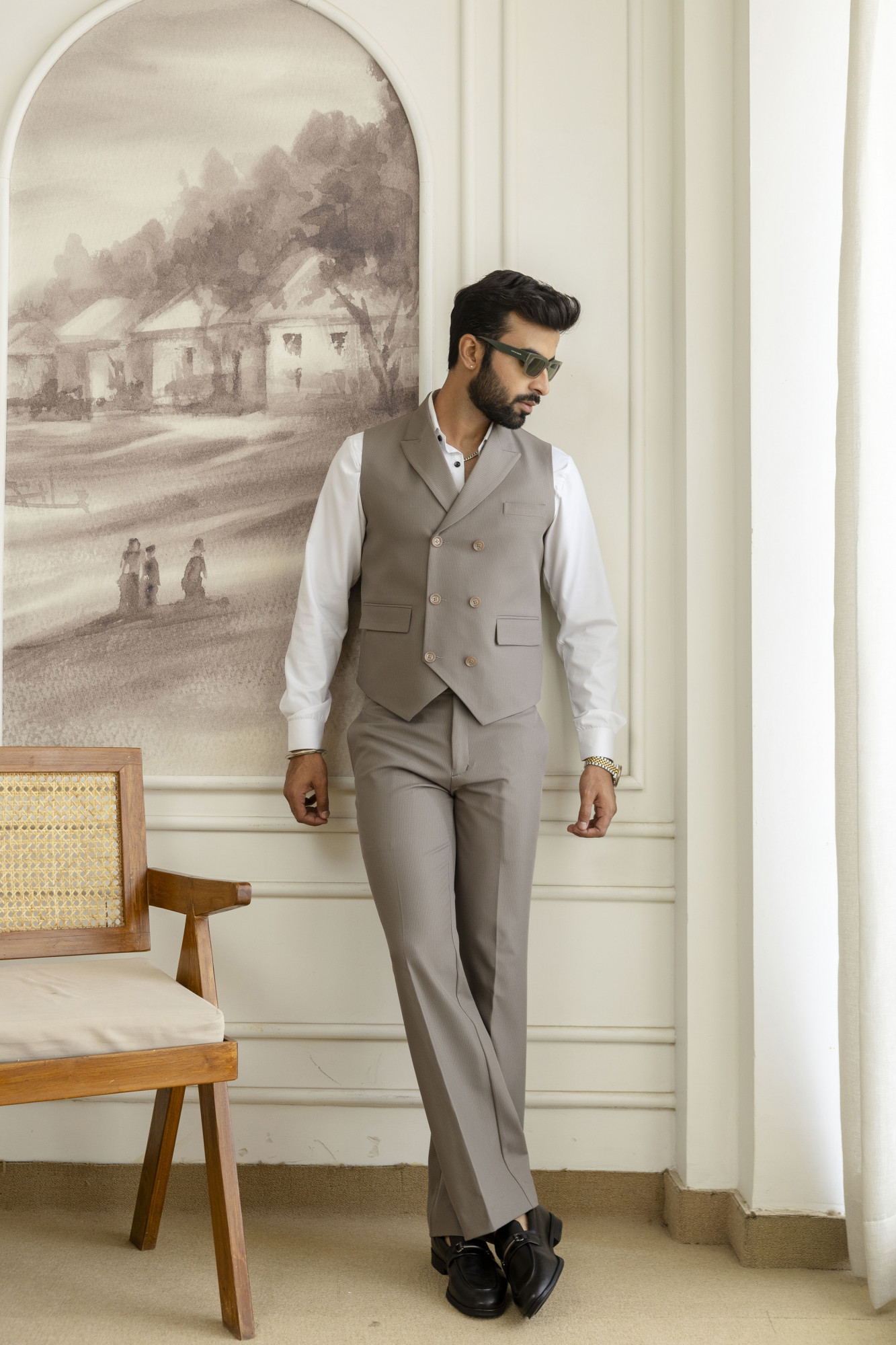 Striped Double Breasted Waistcoat In Dark Beige