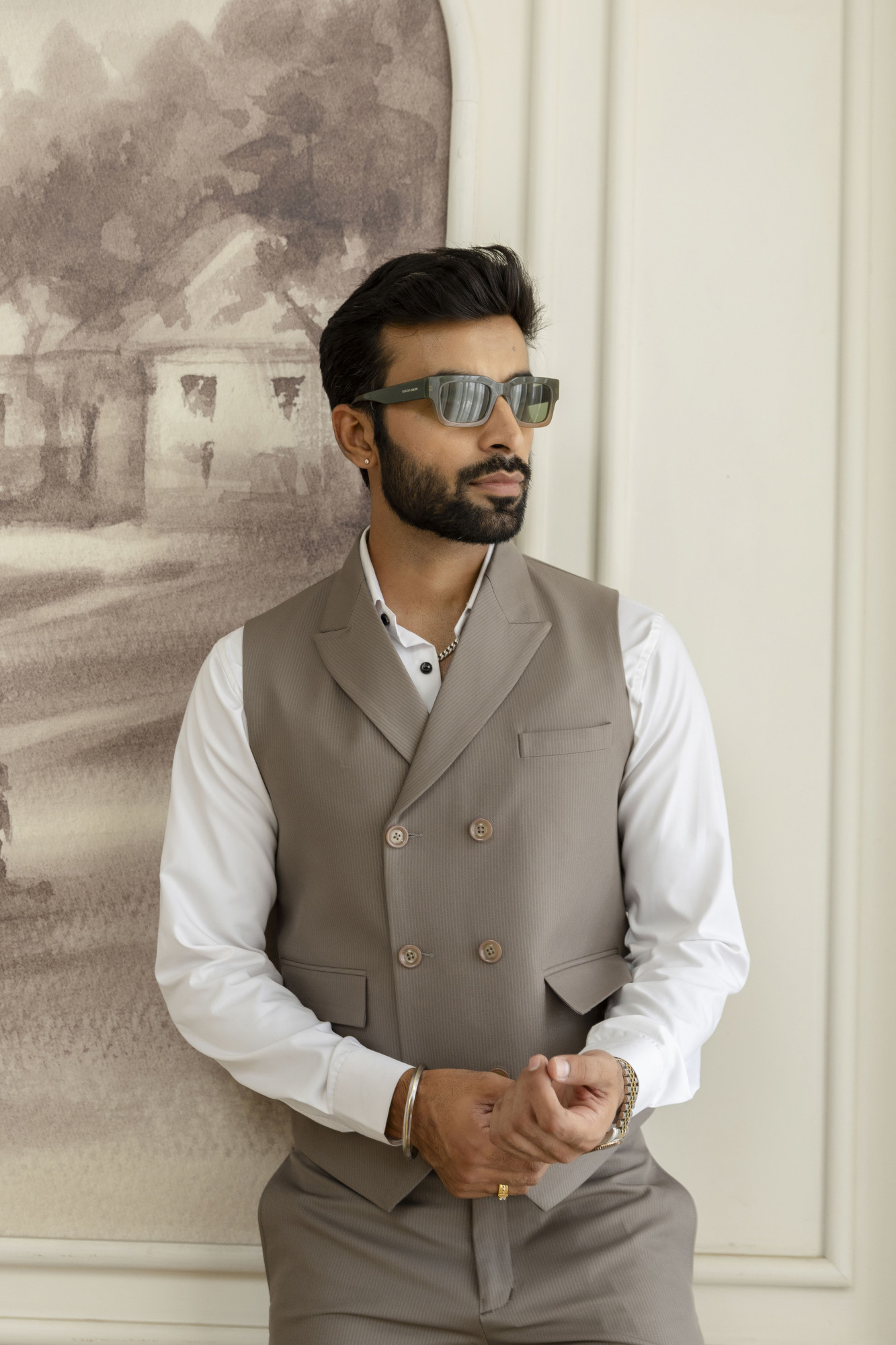 Striped Double Breasted Waistcoat In Dark Beige