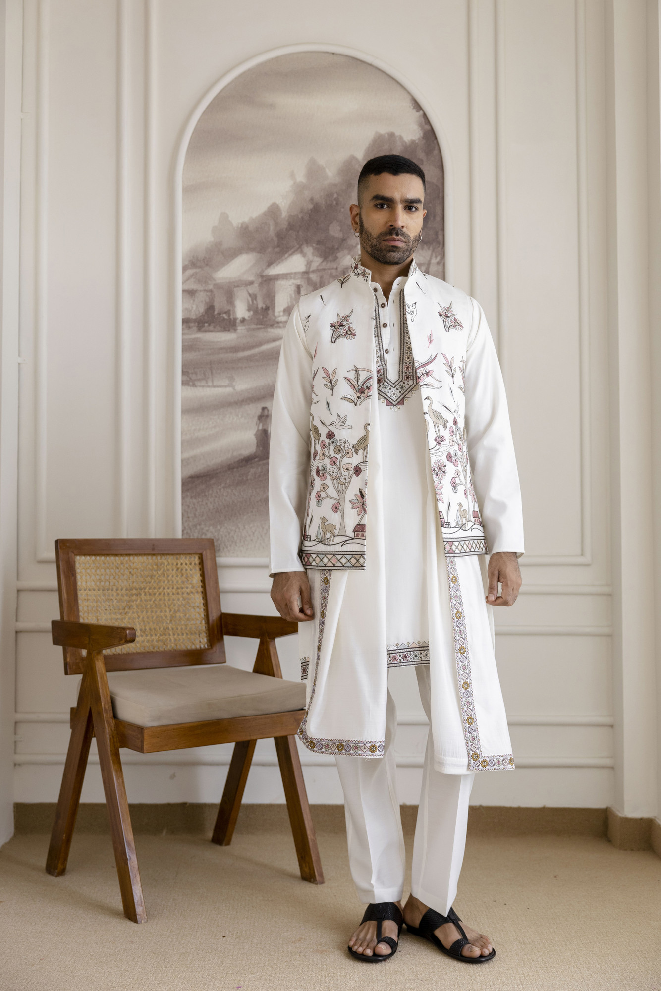 Embroidered Koti Kurta Set In White