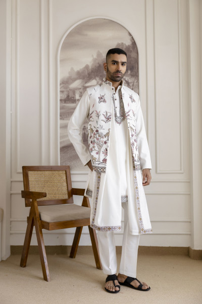 Embroidered Koti Kurta Set In White