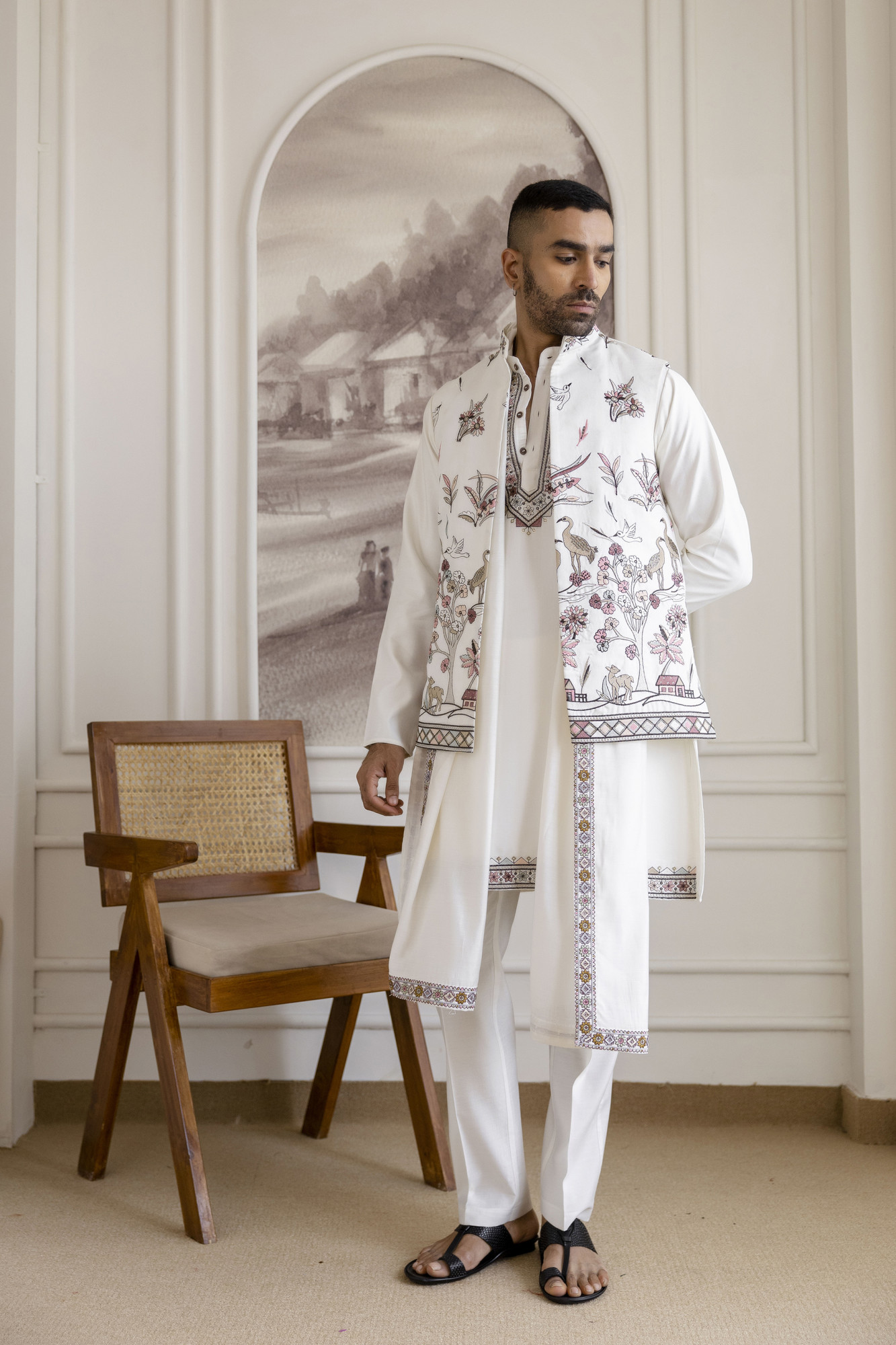 Embroidered Koti Kurta Set In White