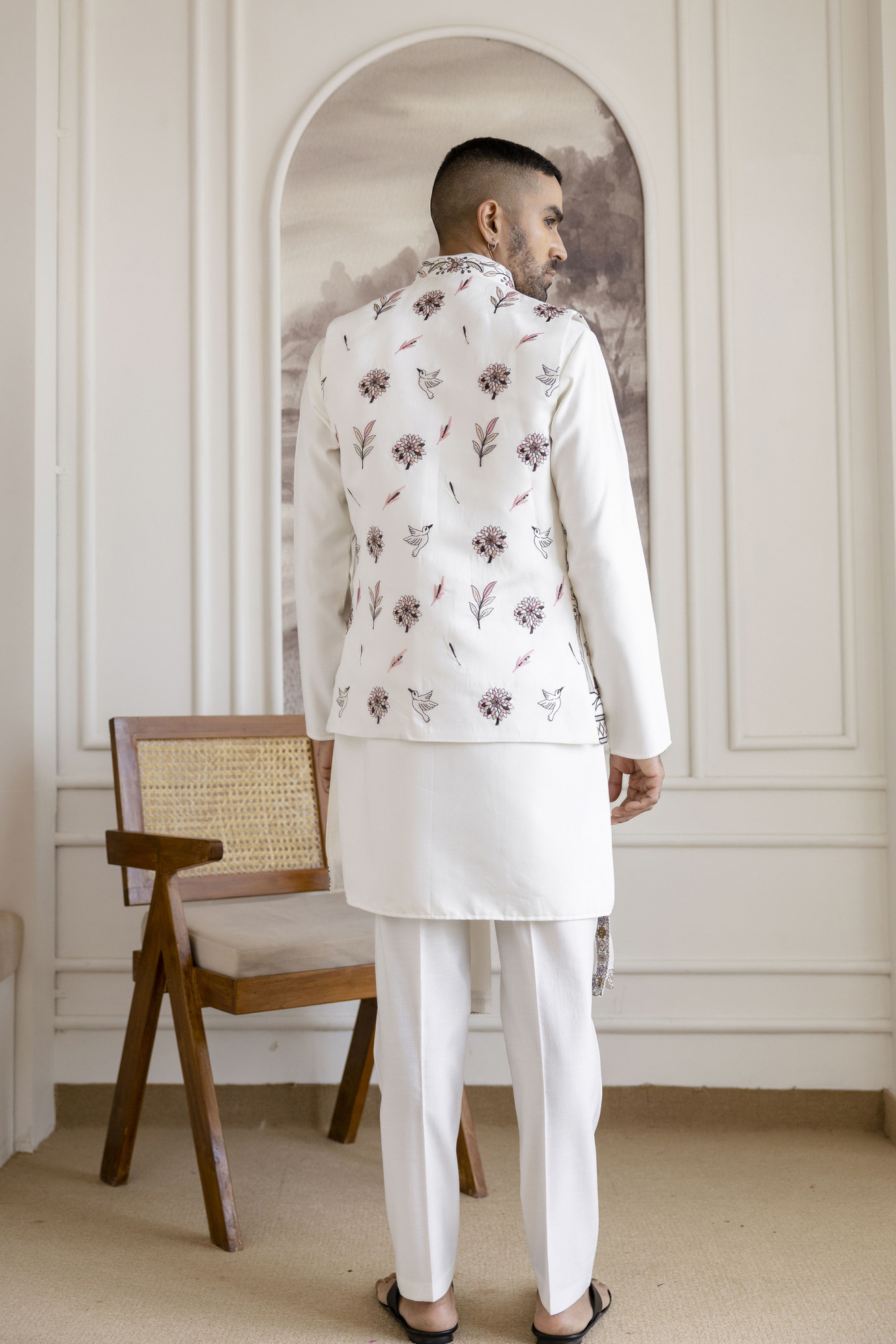 Embroidered Koti Kurta Set In White