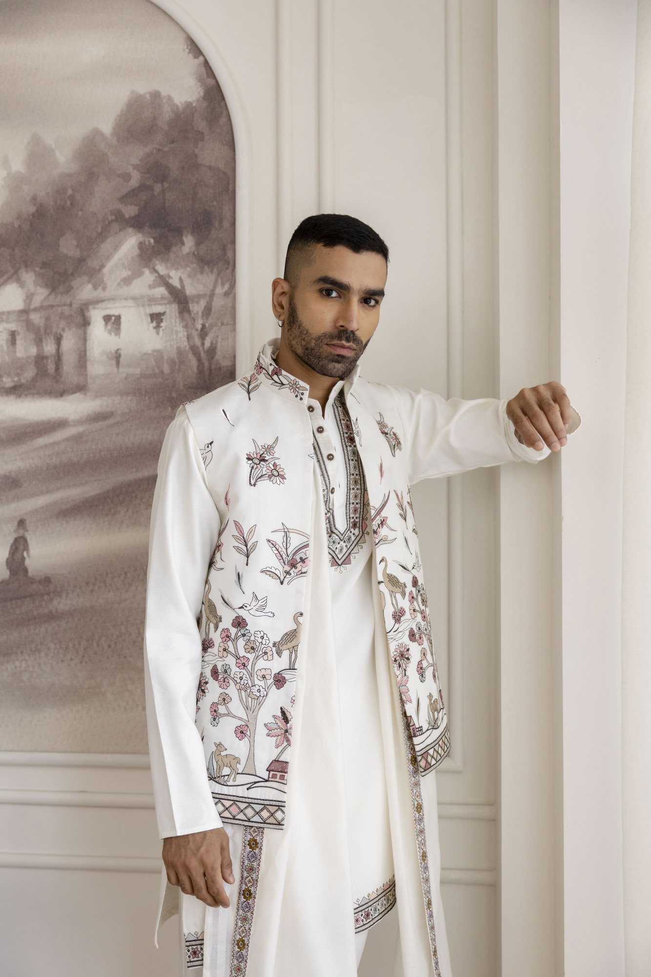 Embroidered Koti Kurta Set In White
