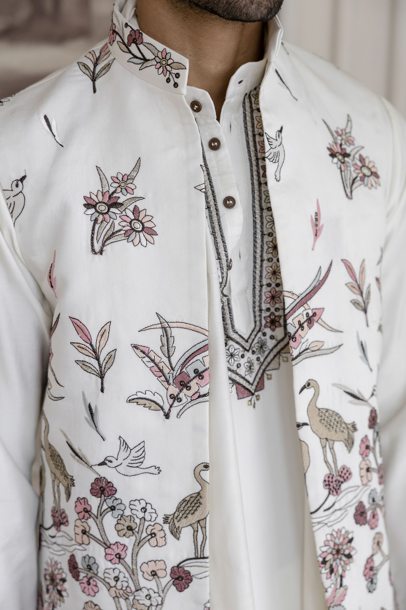 Embroidered Koti Kurta Set In White