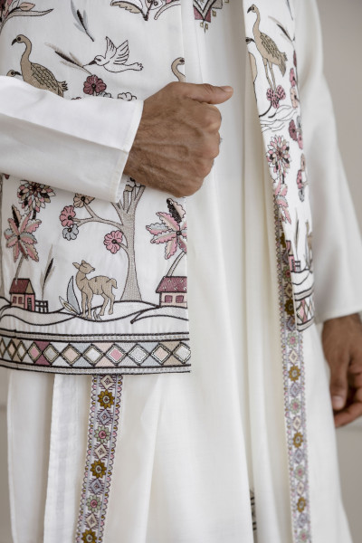 Embroidered Koti Kurta Set In White