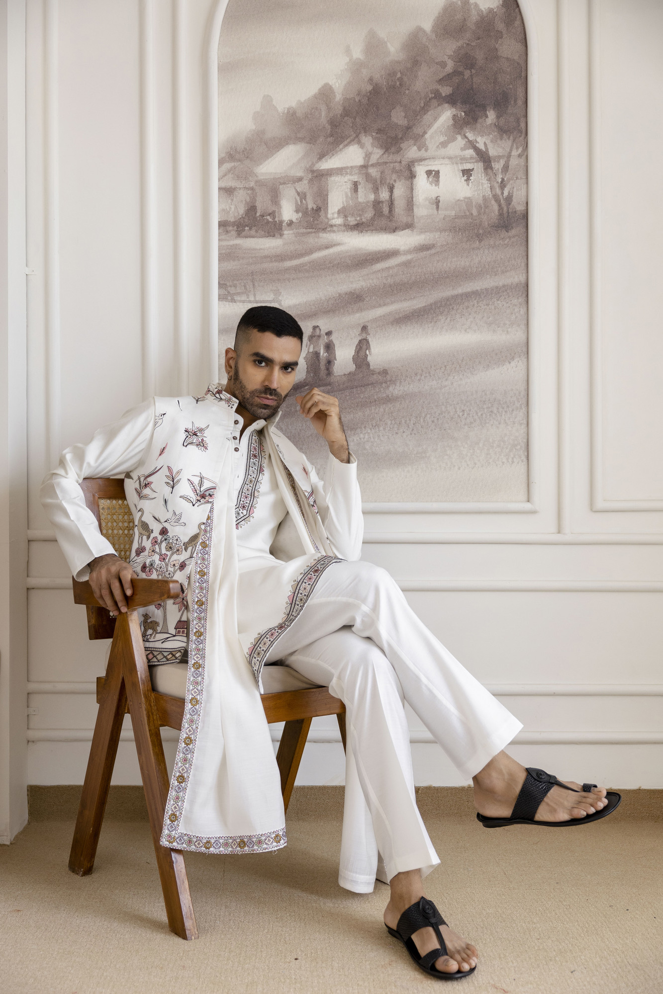 Embroidered Koti Kurta Set In White