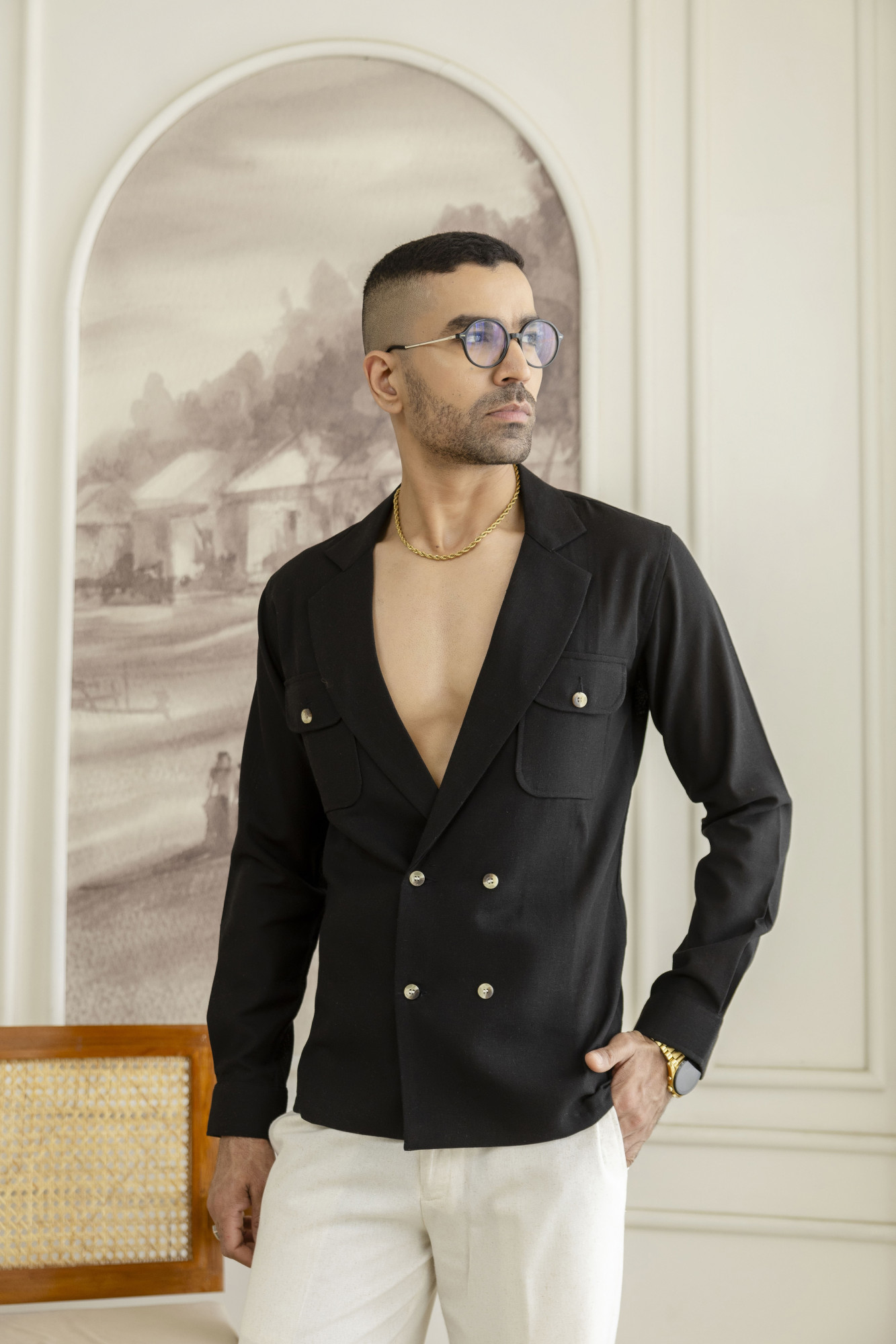 Blazer Shirt In Black Linen