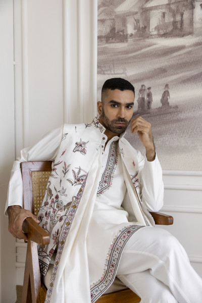 Embroidered Koti Kurta Set In White