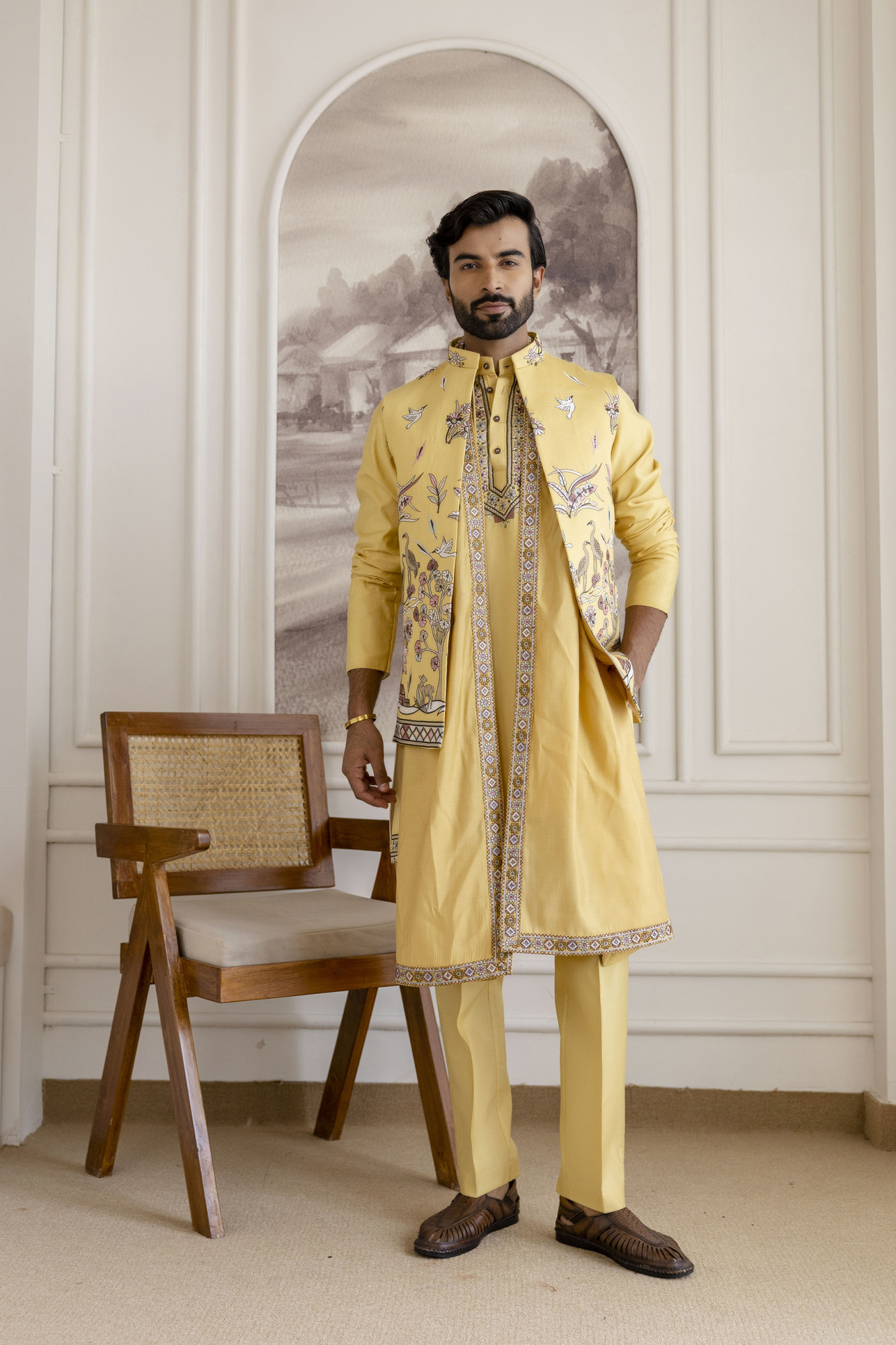 Embroidered Koti Kurta Set In Yellow