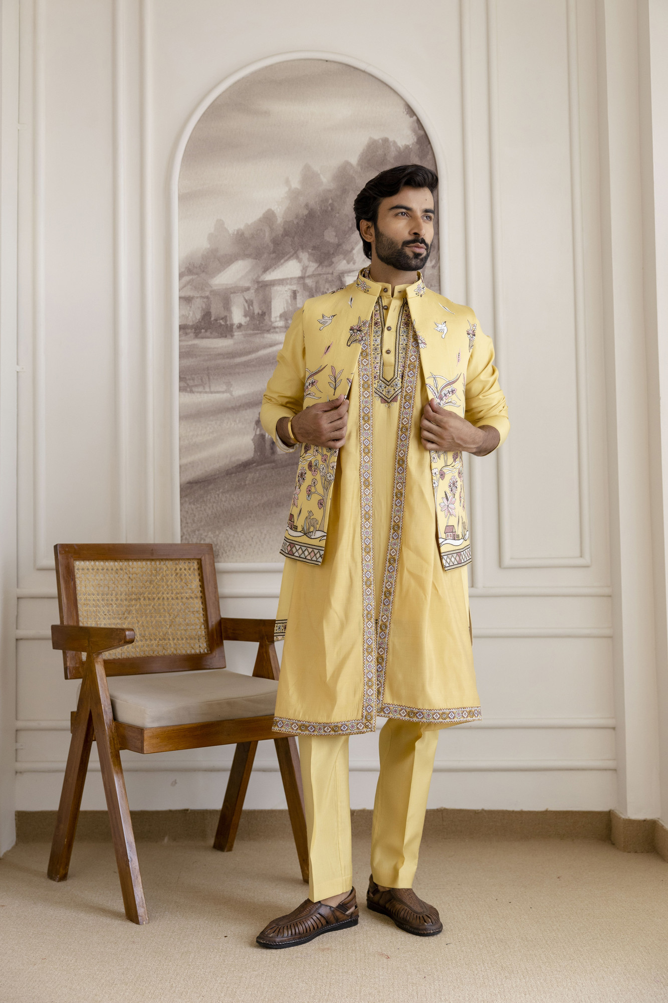 Embroidered Koti Kurta Set In Yellow