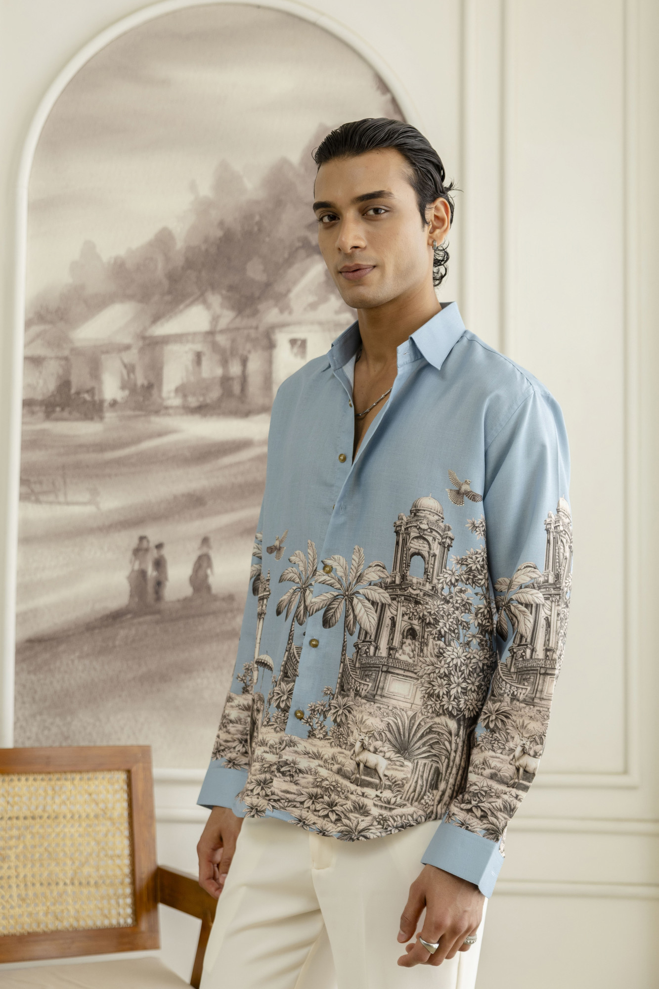 Printed Flowing Shirt In Powder Blue