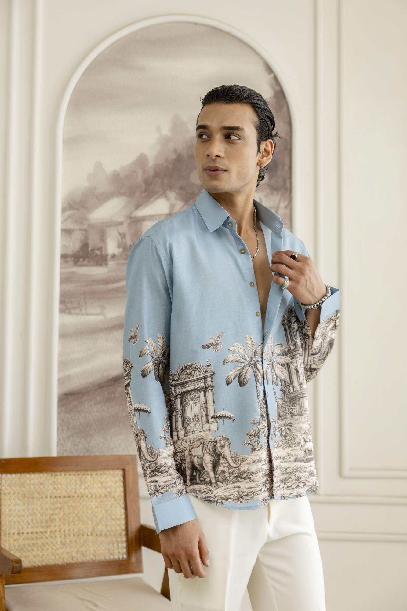 Printed Flowing Shirt In Powder Blue