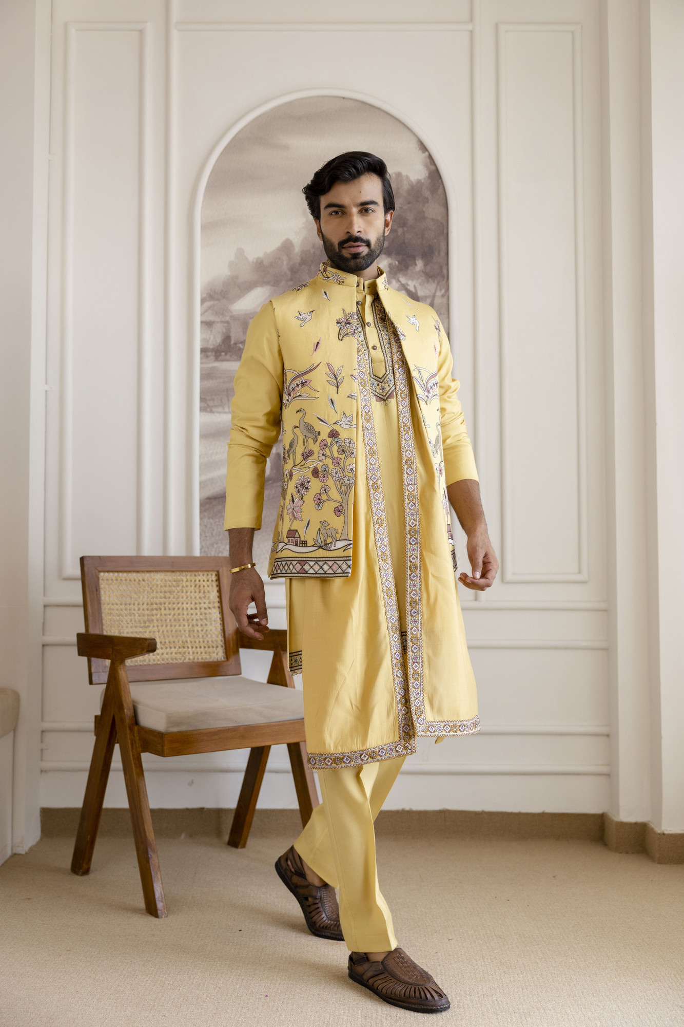 Embroidered Koti Kurta Set In Yellow