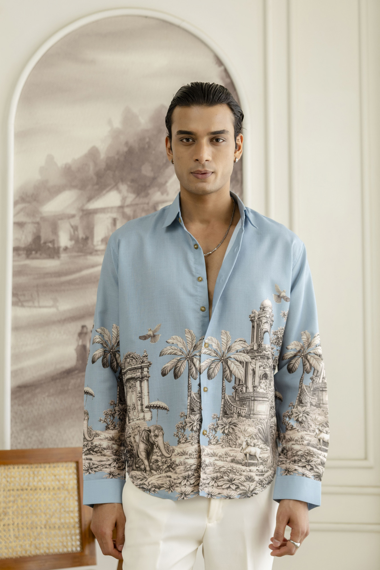 Printed Flowing Shirt In Powder Blue