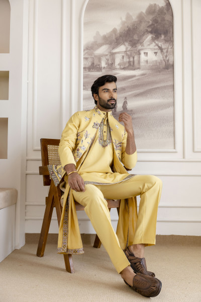 Embroidered Koti Kurta Set In Yellow