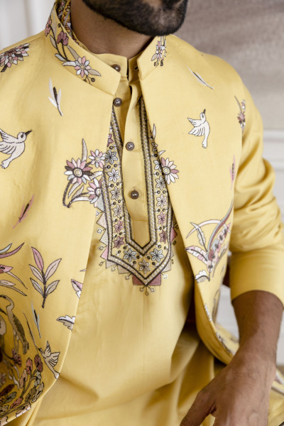 Embroidered Koti Kurta Set In Yellow