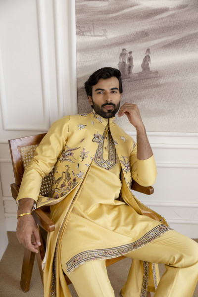 Embroidered Koti Kurta Set In Yellow