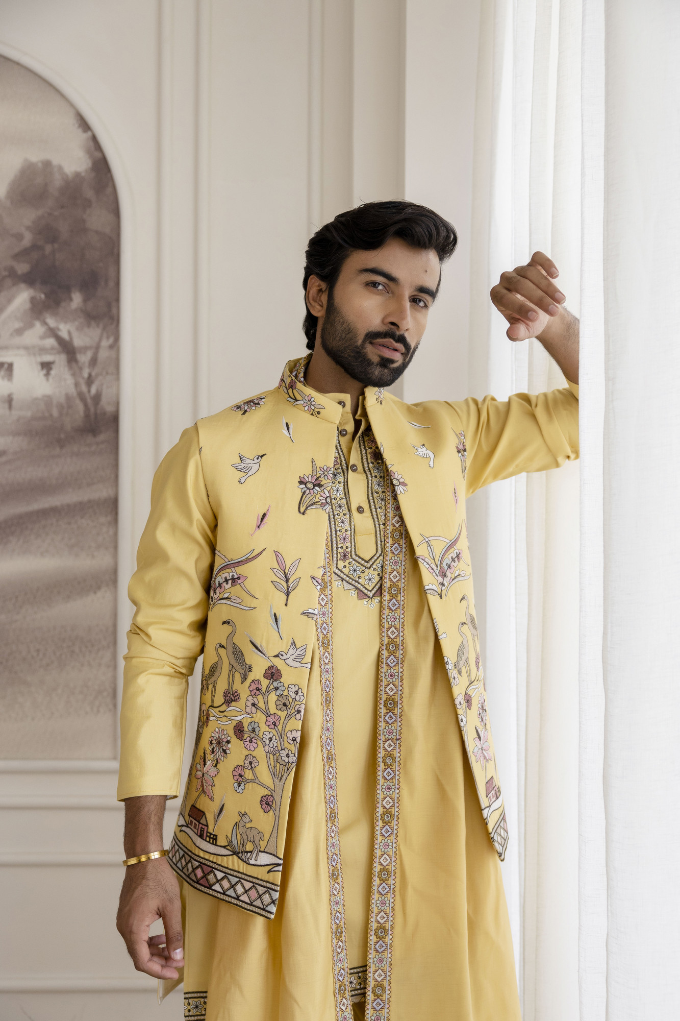 Embroidered Koti Kurta Set In Yellow