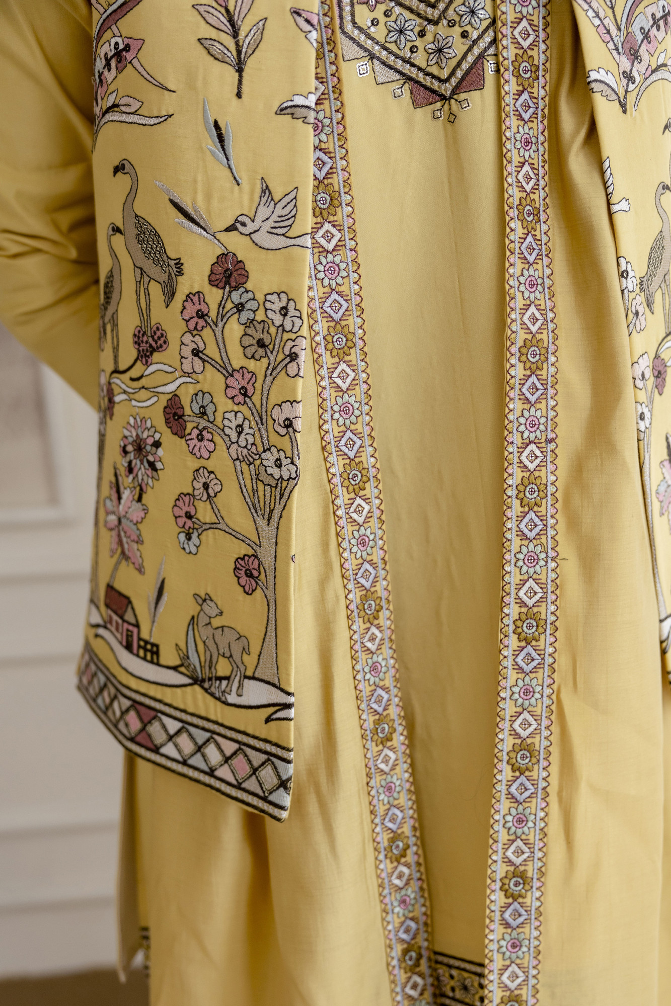 Embroidered Koti Kurta Set In Yellow