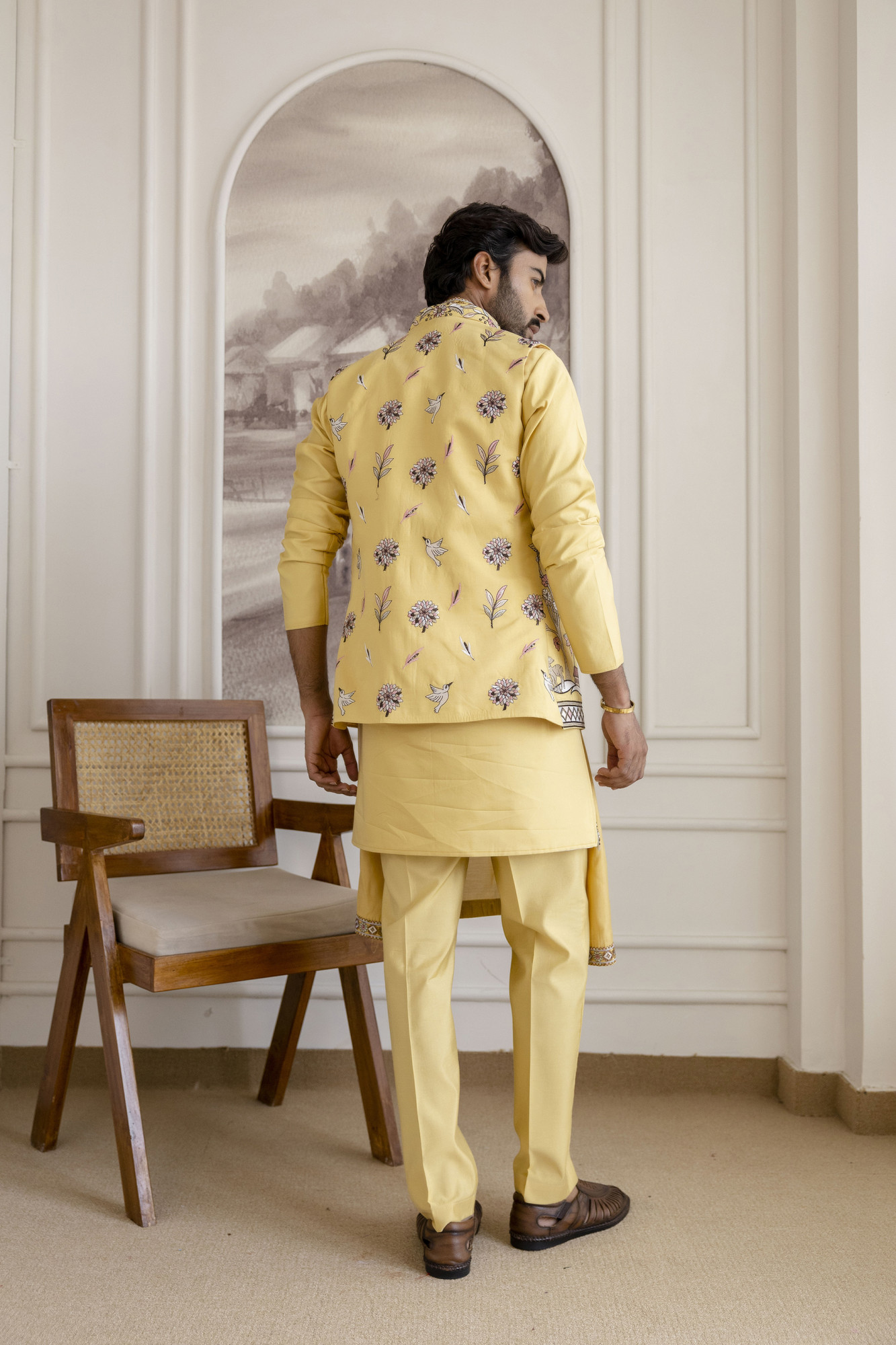 Embroidered Koti Kurta Set In Yellow