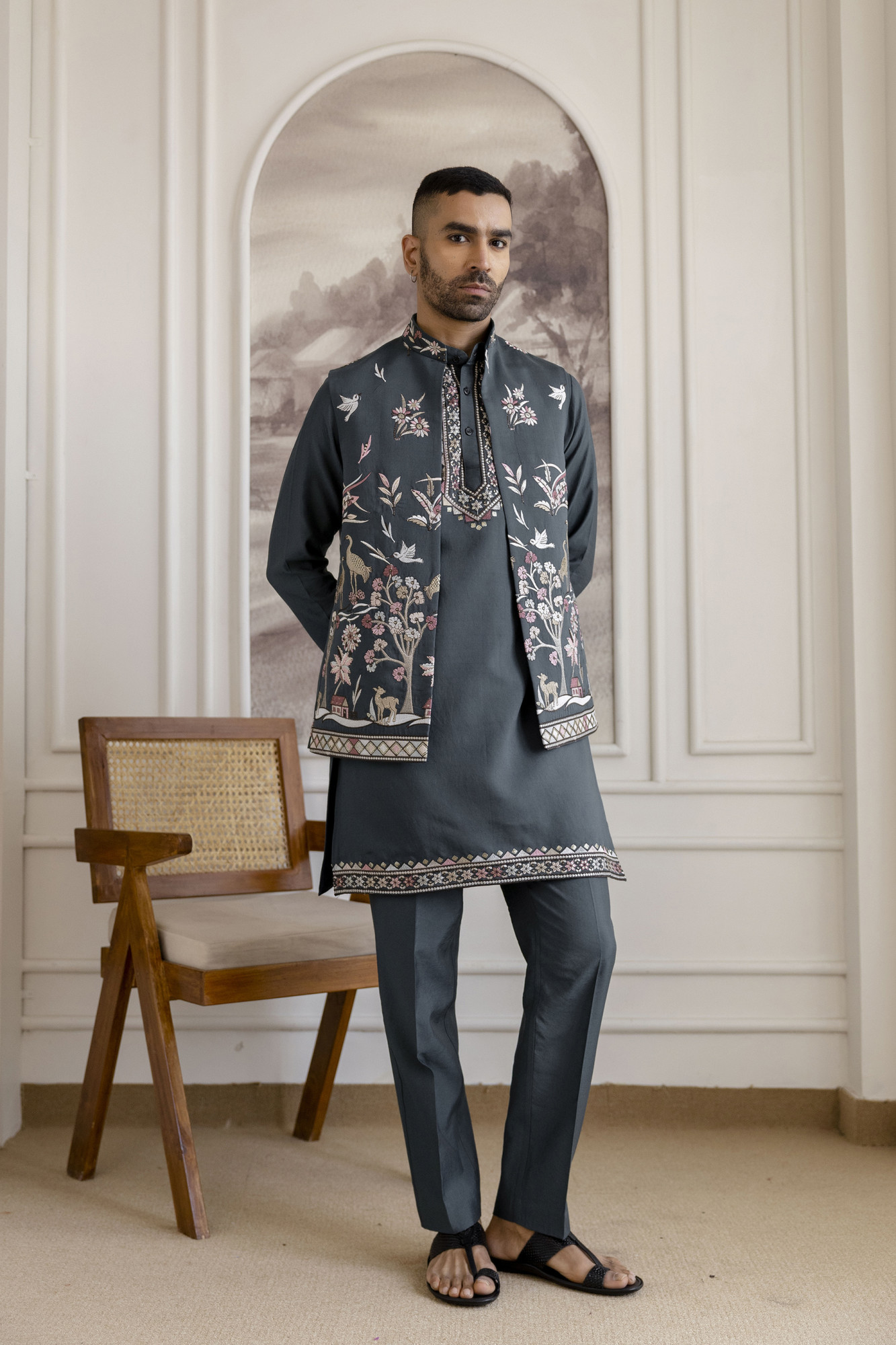 Embroidered Kurta Koti Set In Green