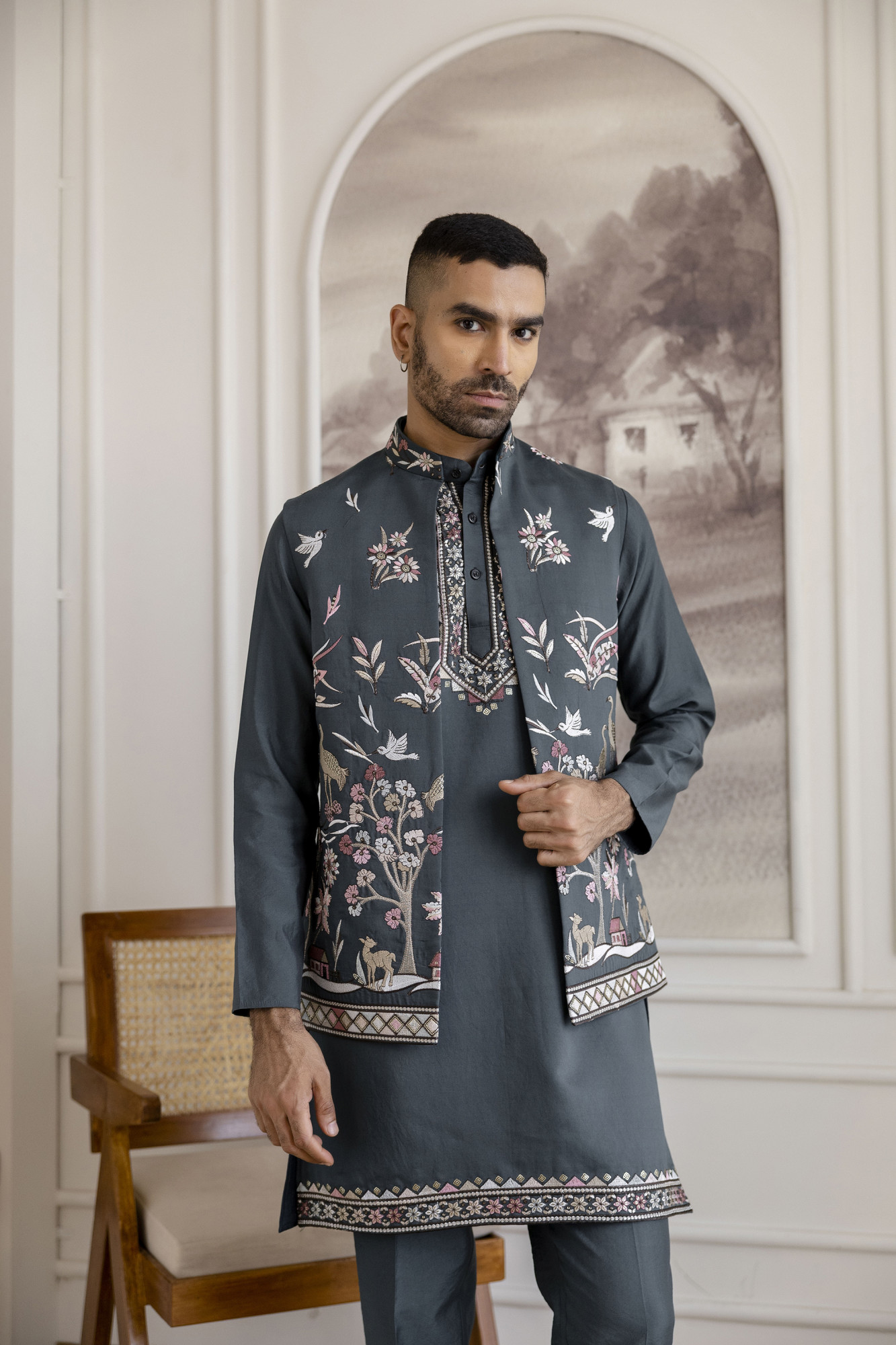 Embroidered Kurta Koti Set In Green