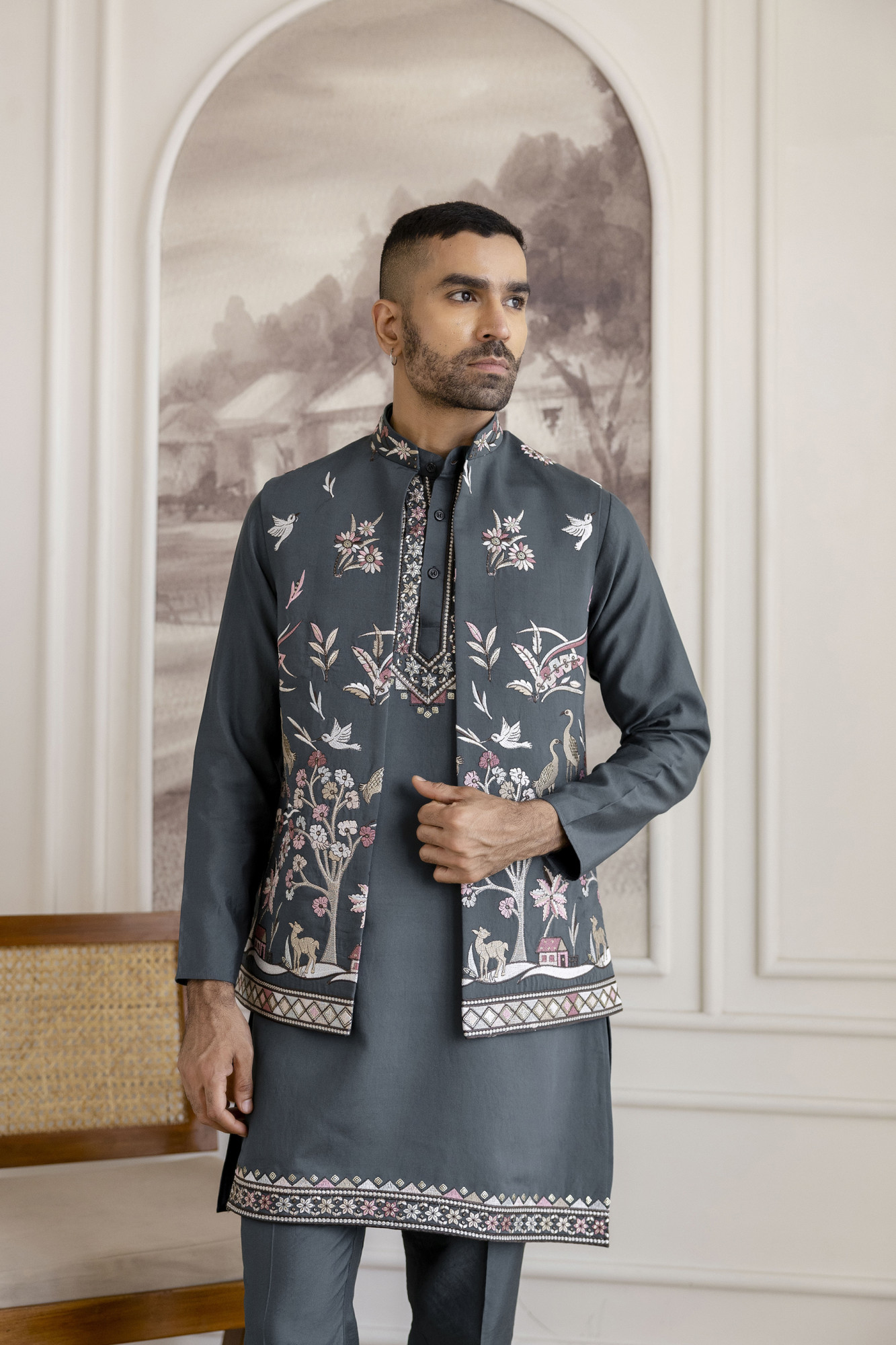 Embroidered Kurta Koti Set In Green
