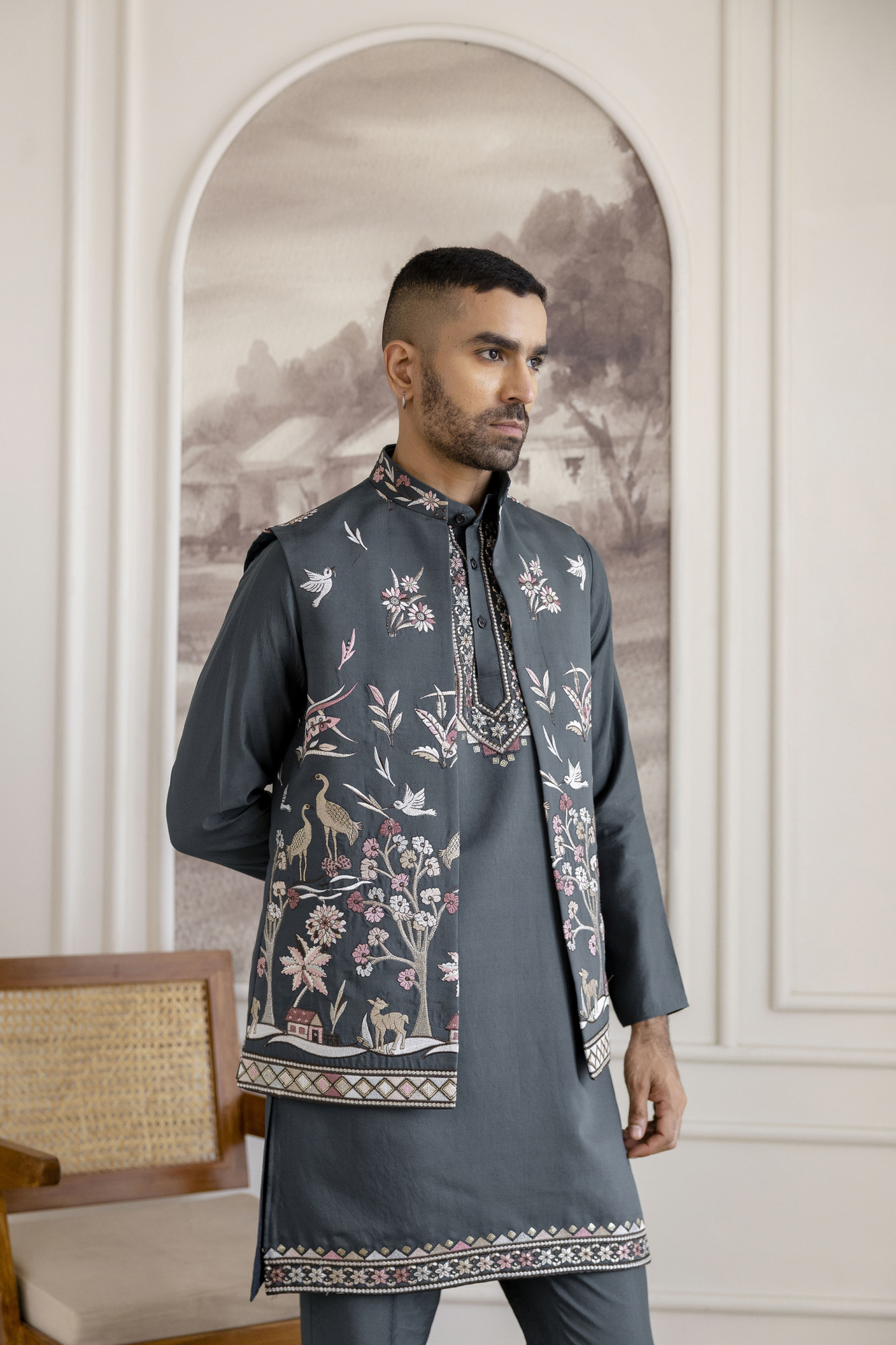 Embroidered Kurta Koti Set In Green