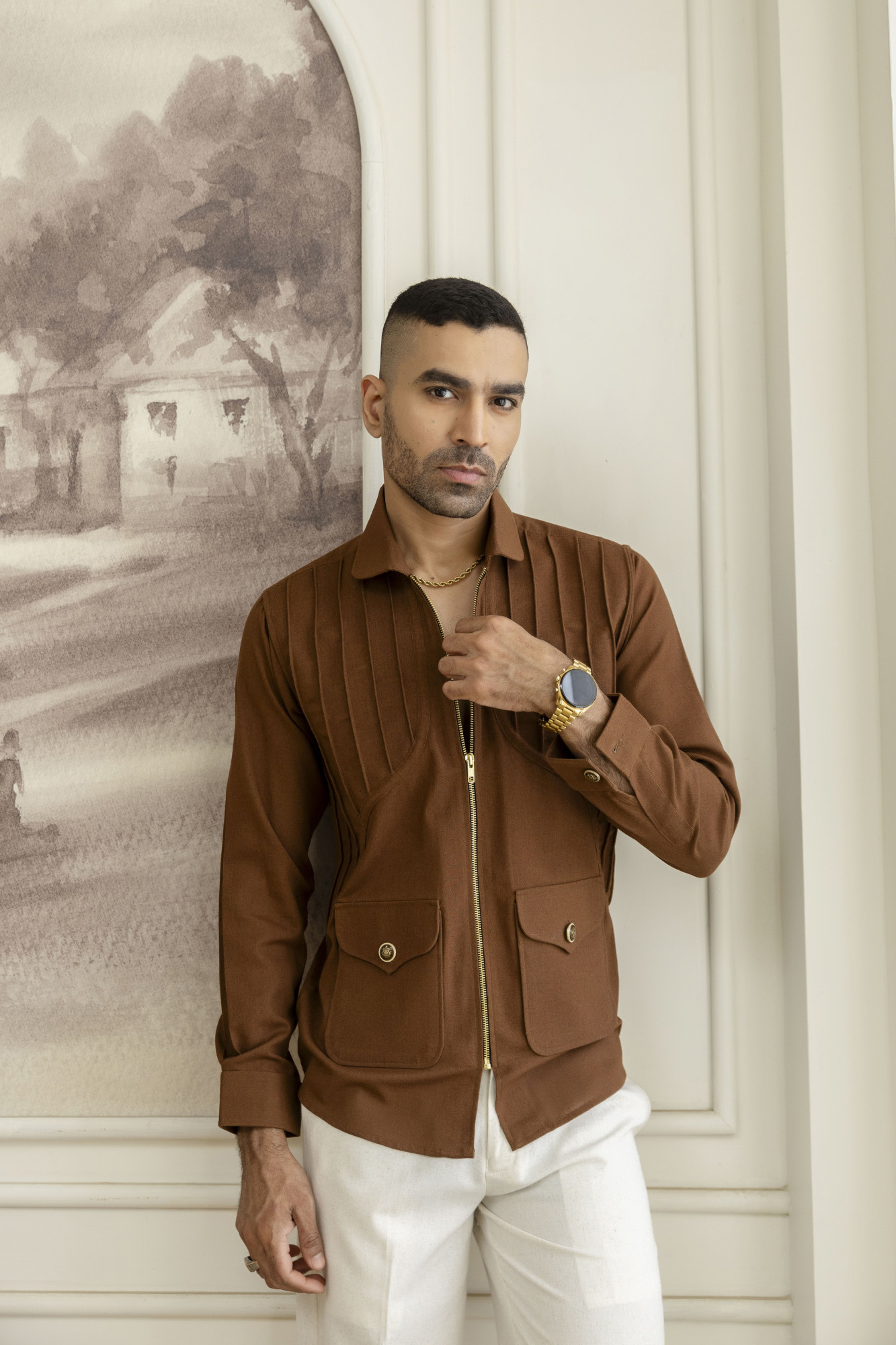 Zip Pintex Shacket In Rust Linen