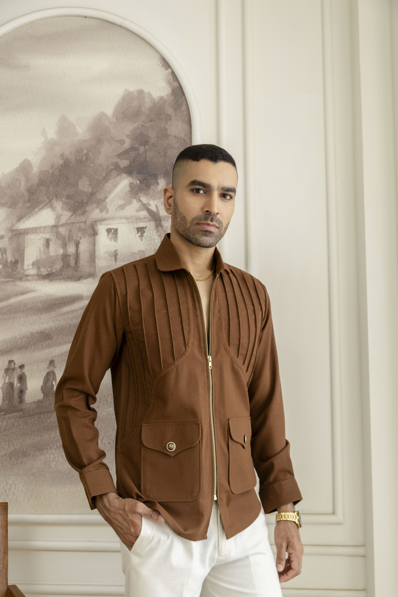 Zip Pintex Shacket In Rust Linen