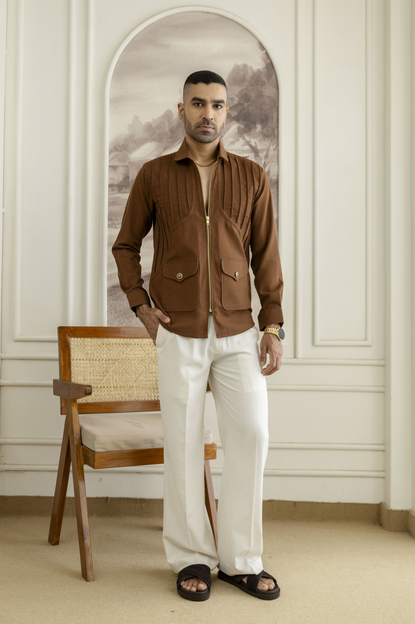 Zip Pintex Shacket In Rust Linen