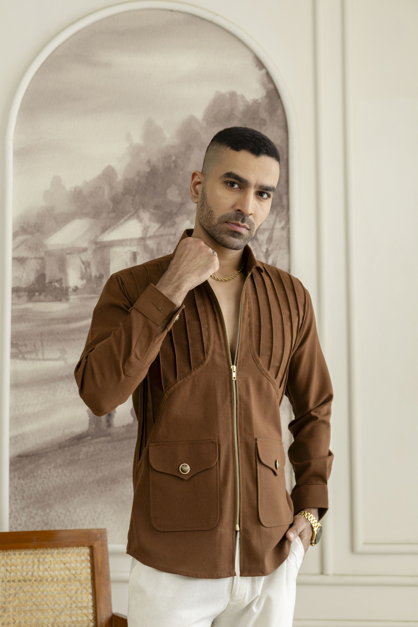 Zip Pintex Shacket In Rust Linen