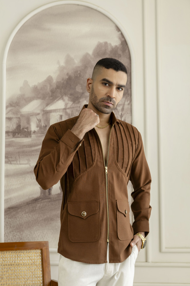 Image of Zip Pintex Shacket In Rust Linen