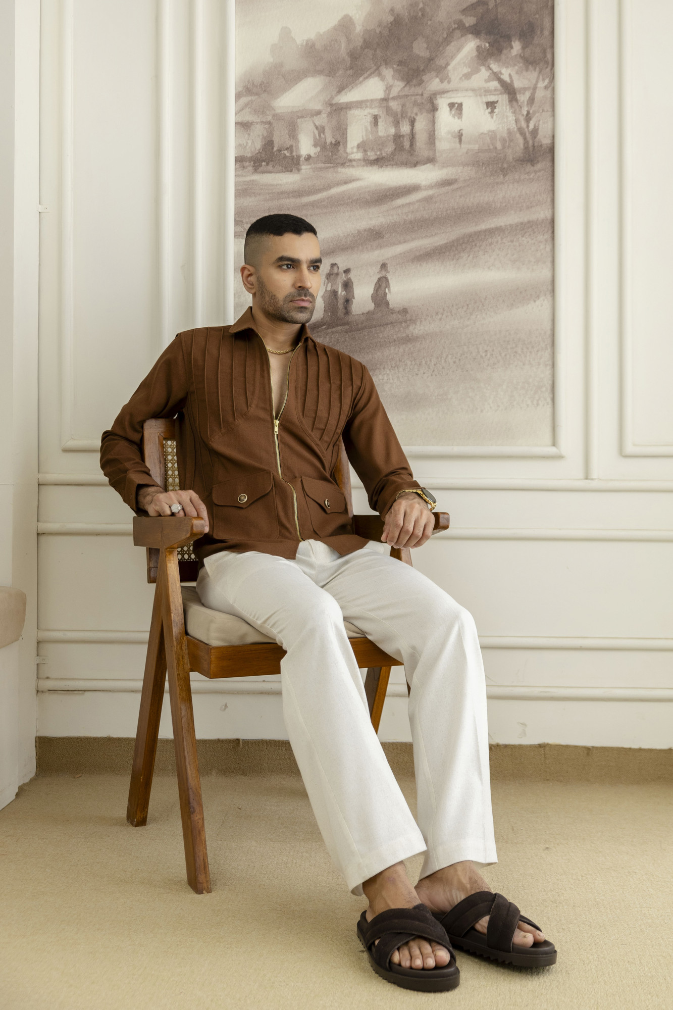 Zip Pintex Shacket In Rust Linen