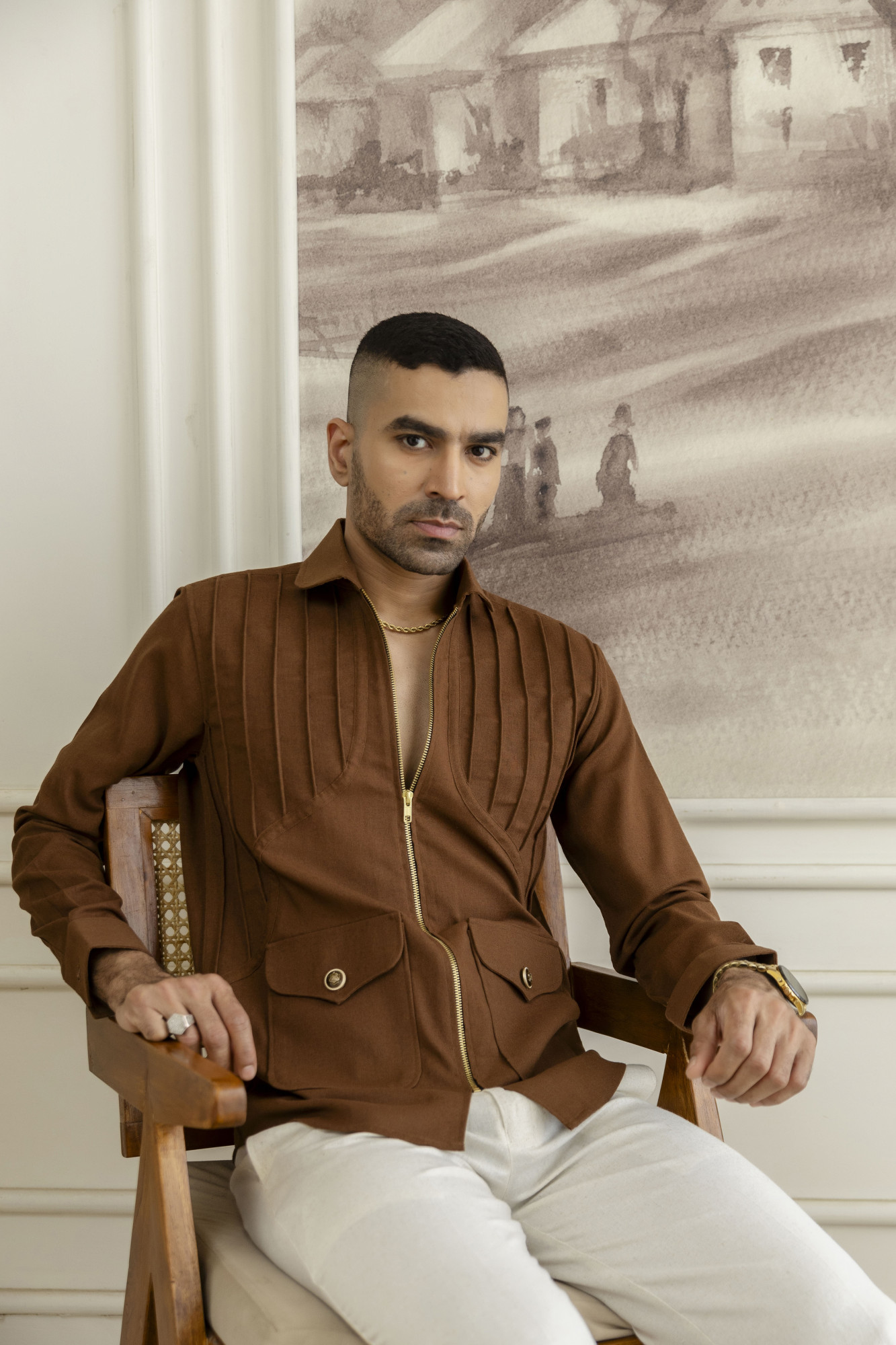 Zip Pintex Shacket In Rust Linen