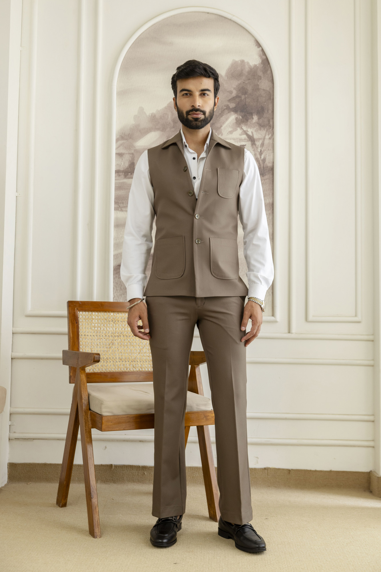 Striped Patch Pocket Half Jacket In Dark Walnut