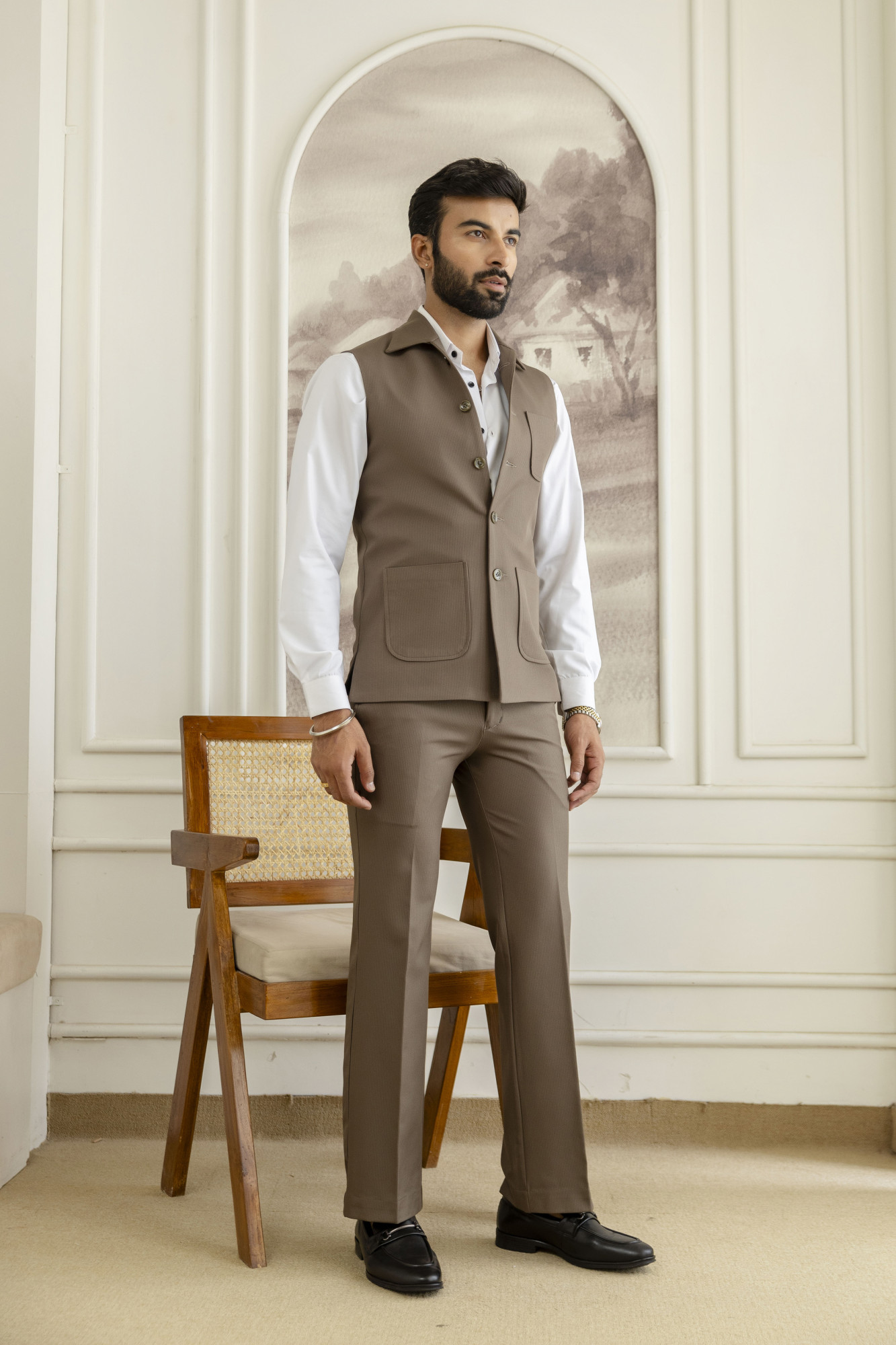 Striped Patch Pocket Half Jacket In Dark Walnut