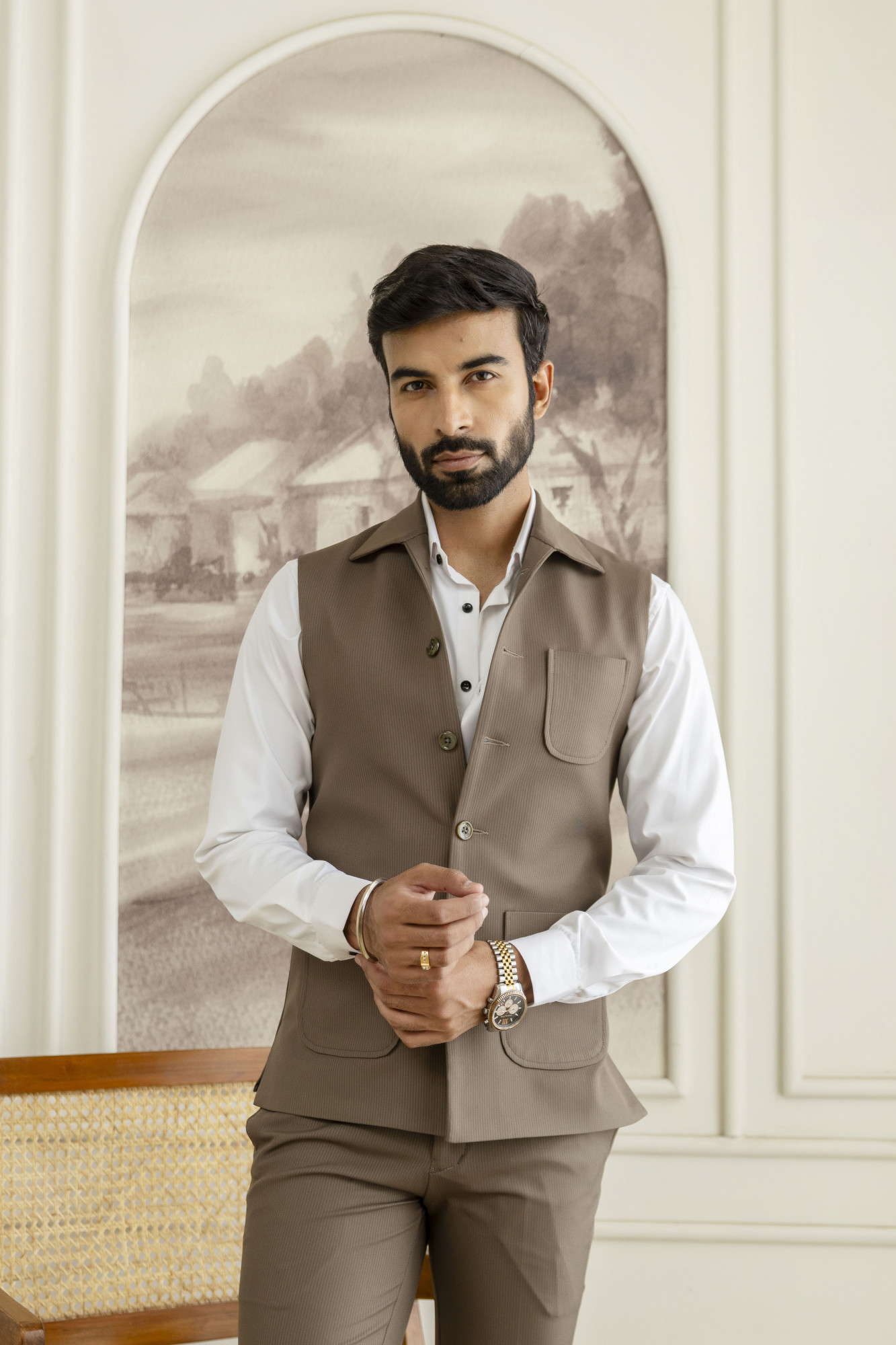 Striped Patch Pocket Half Jacket In Dark Walnut