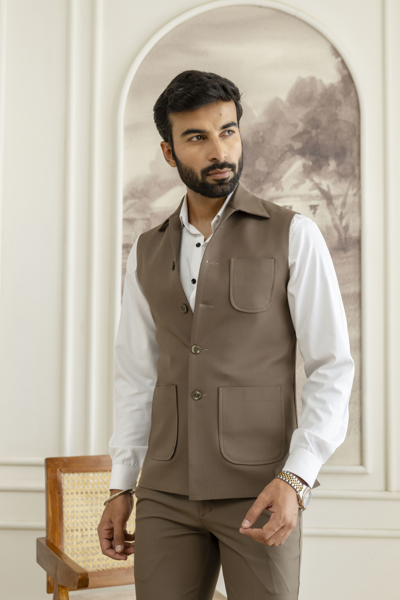 Striped Patch Pocket Half Jacket In Dark Walnut