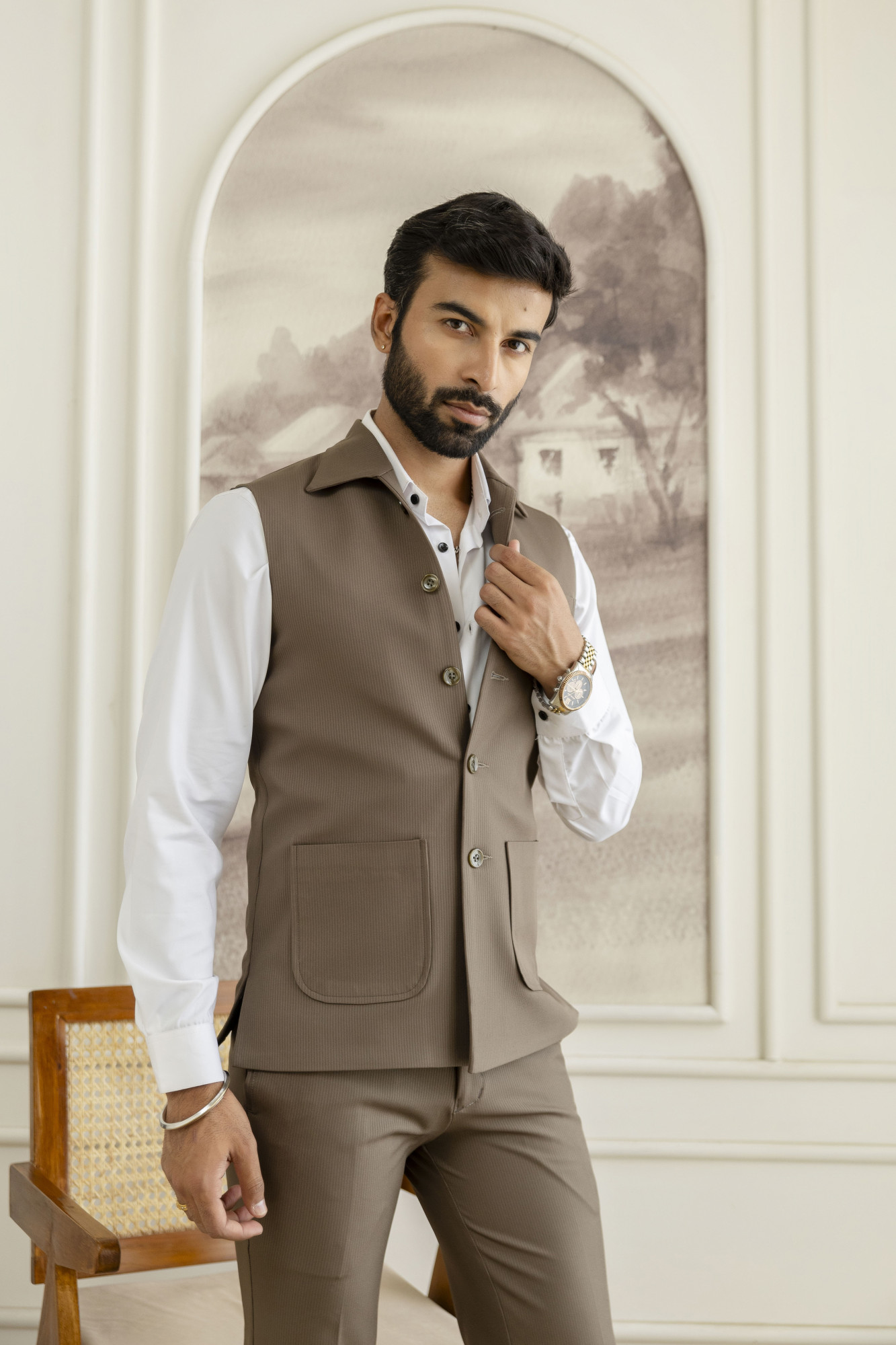 Striped Patch Pocket Half Jacket In Dark Walnut
