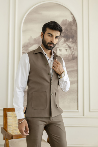 Striped Patch Pocket Half Jacket In Dark Walnut