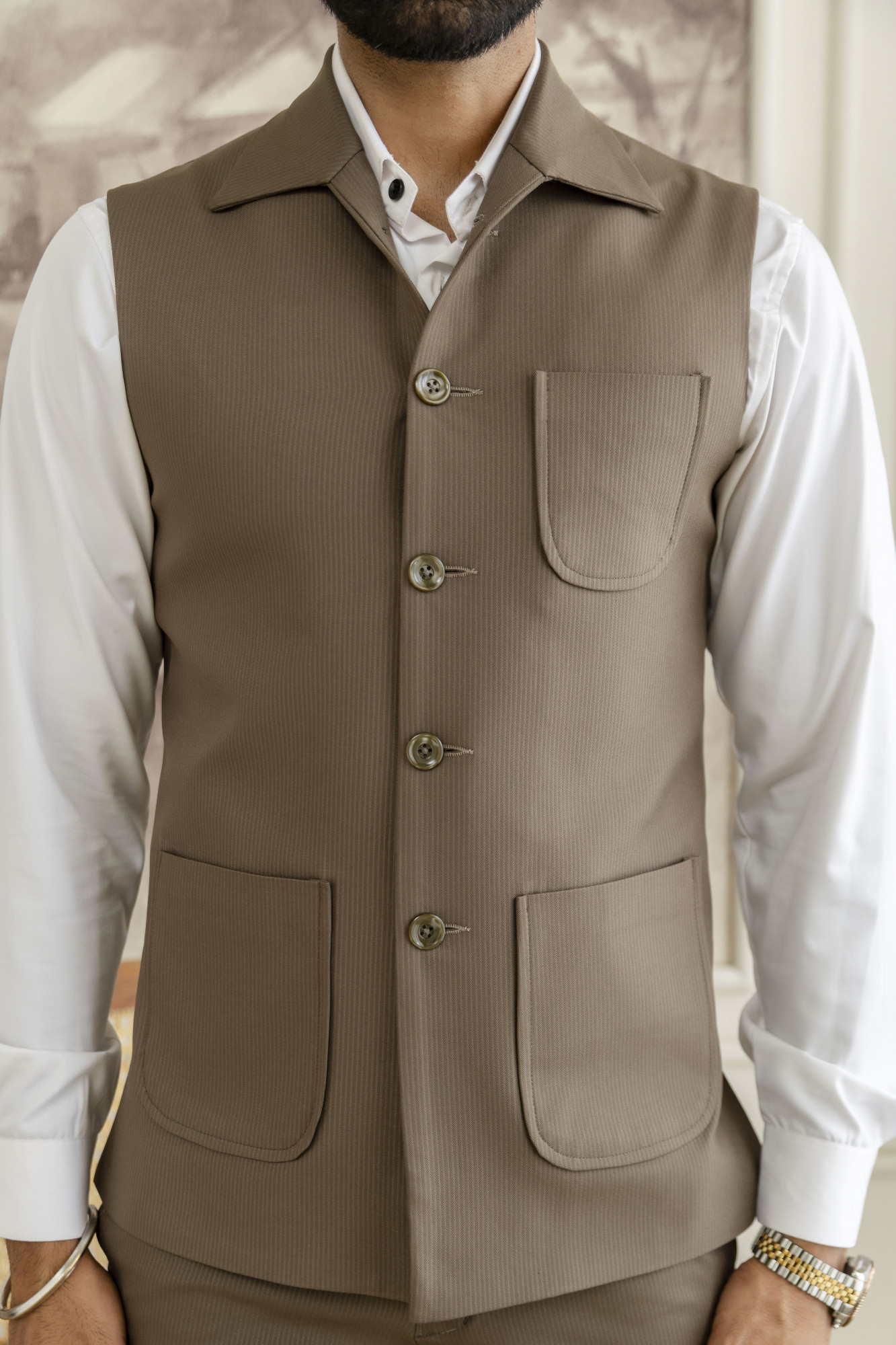 Striped Patch Pocket Half Jacket In Dark Walnut