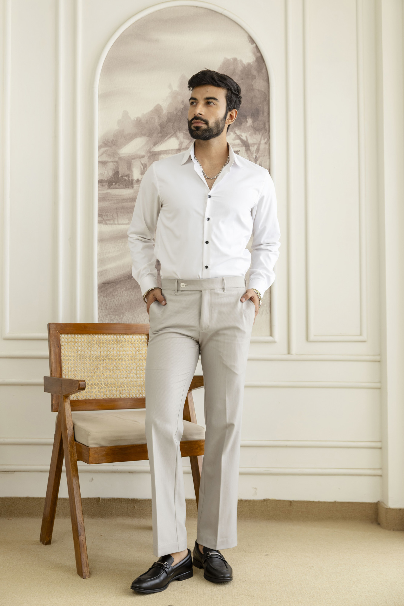 Striped Bootcut Pants In Light Grey